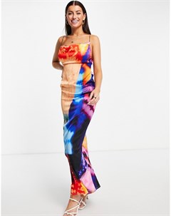Атласное платье макси с перекрестной отделкой на спине свободным воротом и разноцветным принтом Asos design