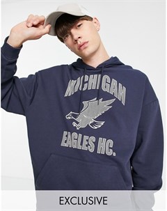 Худи свободного кроя из органического хлопка темно синего цвета с принтом Michigan Eagles Inspired Reclaimed vintage