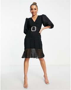Черное платье миди с объемными рукавами и кружевной отделкой Asos design