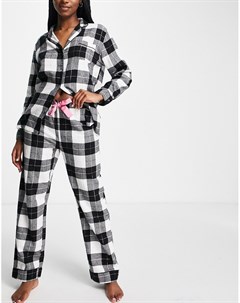 Черный фланелевый пижамный комплект в клетку с отложным воротником Revere New look