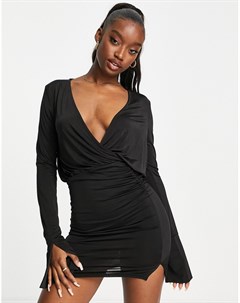 Черное платье мини с драпировкой на груди и разрезами на манжетах Asos design