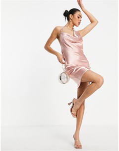 Розовое атласное платье мини со свободным воротом Femme luxe