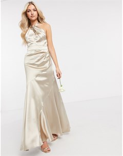 Атласное вечернее платье макси с горловиной халтер юбкой со вставками и вырезом капелькой Bridesmaid Asos design