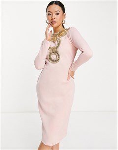 Розовое платье миди класса премиум с открытой спиной длинными рукавами и эффектной отделкой Starry eyed
