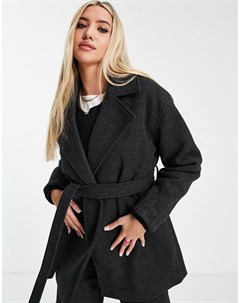 Черное пальто из смесовой шерсти с поясом Na-kd