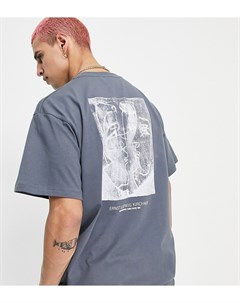 Темно серая футболка из органического хлопка с принтом в виде набросков лица спереди и сзади Inspire Reclaimed vintage