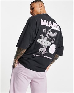 Черная выбеленная oversized футболка с мультяшным принтом Miami на спине Asos design