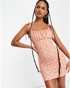 Персиковое платье мини с присборенным лифом и завязками на плечах Missguided