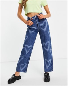 Голубые oversized джинсы в винтажном стиле с выбеленным принтом в виде сердечек из переработанного с Topshop