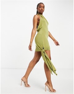 Оливковое платье мини из меланжевого полотна с завязкой на шее и узлом Asos design