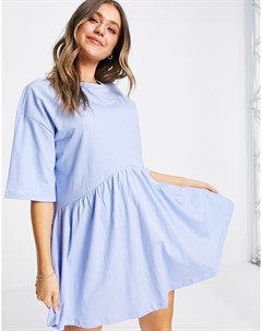 Платье мини в стиле oversized с присборенной юбкой и заниженной талией из ткани шамбре голубого цвет Asos design
