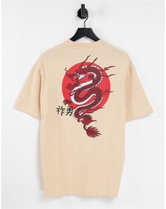Бежевая футболка в стиле oversized с принтом дракона на спинке Selected homme