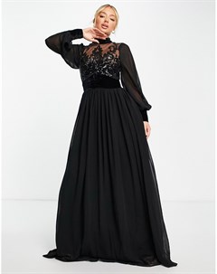 Платье макси черного цвета с длинными рукавами и высоким воротом Goddiva