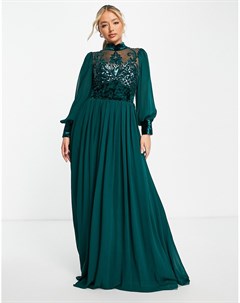 Платье макси изумрудного цвета с длинными рукавами и высоким воротом Goddiva