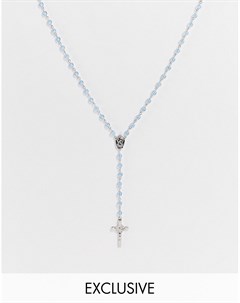 Серебристое ожерелье четки в стиле унисекс с голубыми бусинами и подвеской крестом Inspired Reclaimed vintage