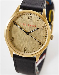 Часы с зернистым кожаным ремешком черного цвета и золотистым циферблатом Ted baker london