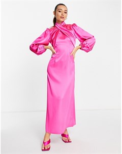 Атласное розовое чайное платье макси с запахом спереди Asos design