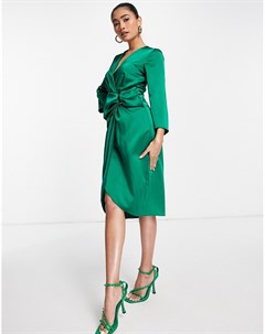Изумрудно зеленое платье кимоно из атласа с запахом Closet london