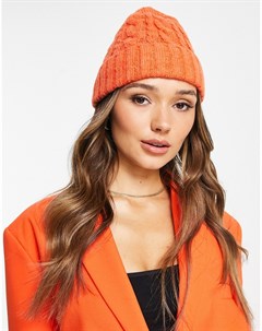 Вязаная косами оранжевая шапка бини French connection