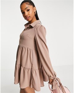 Светло коричневое ярусное платье рубашка с бантами на манжетах x Dani Dyer In the style