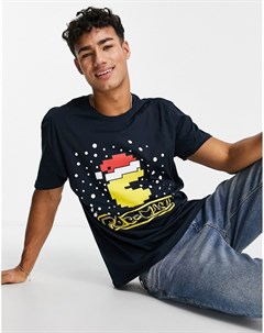 Темно синяя футболка с новогодним принтом героя игры Pac Man в шапке Санта Клауса Poetic brands