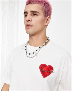 Белая oversized футболка с украшением в виде сердца с булавкой Sixth june