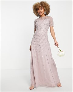 Платье макси приглушенного лилового цвета с короткими рукавами и декоративной отделкой Bridesmaid Frock and frill