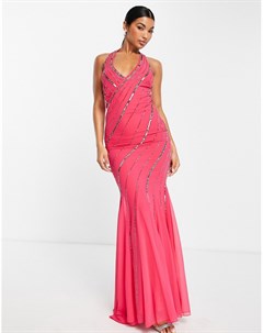 Розовое платье макси с декоративной отделкой и глубоким вырезом Goddiva