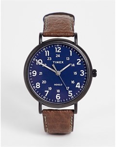 Часы с синим циферблатом и коричневым ремешком из искусственной кожи Timex