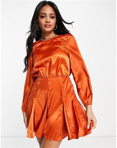 Оранжевое атласное платье мини с длинными рукавами Ax paris