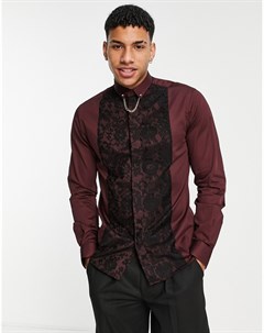 Бордовая рубашка приталенного кроя с кружевной вставкой для торжественных случаев Twisted tailor