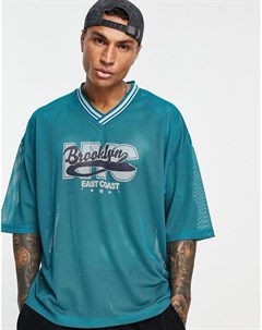 Синяя сетчатая оversized футболка с принтом Brooklyn Asos design