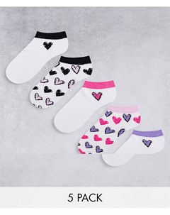 Набор из 5 пар белых спортивных носков с разноцветными сердечками и полосками Threadbare