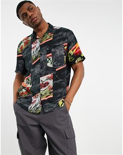 Черная рубашка с отложным воротником и комбинированным цветочным принтом Topman