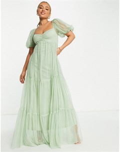 Шалфейно зеленое платье из тюля с объемными рукавами Bridesmaid Charlotte Lace & beads