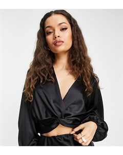 Черная атласная блузка с перекрученной отделкой спереди Miss selfridge petite