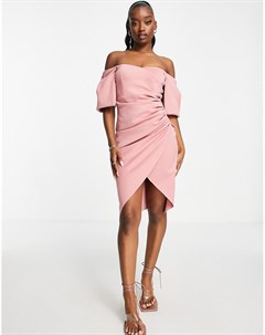 Платье миди розового цвета с вырезом сердечком запахом и открытыми плечами Asos design