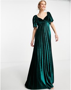 Темно зеленое бархатное плиссированное платье макси с перекрученной отделкой на спине Asos design