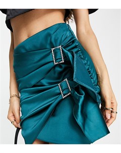 Атласная мини юбка бирюзового цвета с драпировкой и пряжкой из стразов Petite Asos design