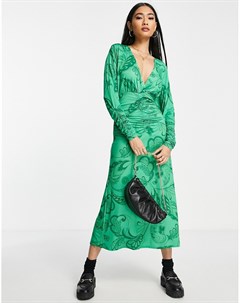 Зеленое платье макси с запахом присборенной отделкой и принтом пейсли Asos design