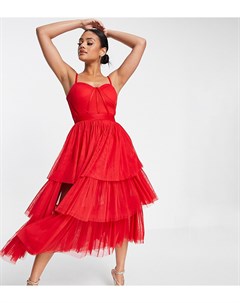 Красное ярусное платье миди из тюля с корсетом Lace & beads