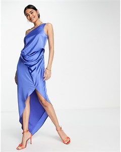 Синее атласное платье миди на одно плечо с драпировкой Asos design