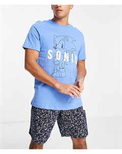 Пижама синего цвета с футболкой с принтом Соника и шортами с принтом по всей поверхности Poetic brands