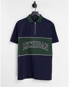 Темно синяя свободная футболка поло с зеленой отделкой в стиле колор блок с принтом Michigan Asos design