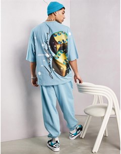 Аква голубая oversized футболка от комплекта с графическим принтом игрального кубика на спине и лого Asos design