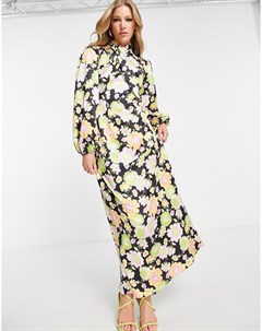 Атласное чайное платье макси с запахом спереди и ярким цветочным принтом в стиле 70 х Asos design