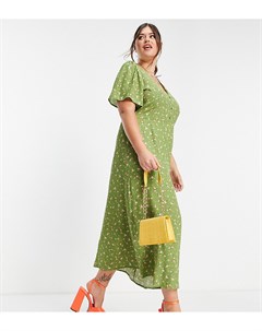 Зеленое чайное платье мини с V образным вырезом расклешенной юбкой и цветочным принтом Nobody's child plus