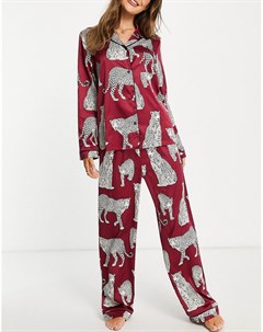 Атласная пижама с рубашкой с отложным воротником и брюками винного цвета с леопардовым принтом Chelsea peers