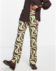 Расклешенные атласные брюки с закрученным принтом мятного и шоколадного цвета от комплекта Asos design