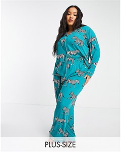 Бирюзовая пижама из экологичного трикотажа с рубашкой с отложным воротником и брюками с принтом зебр Chelsea peers